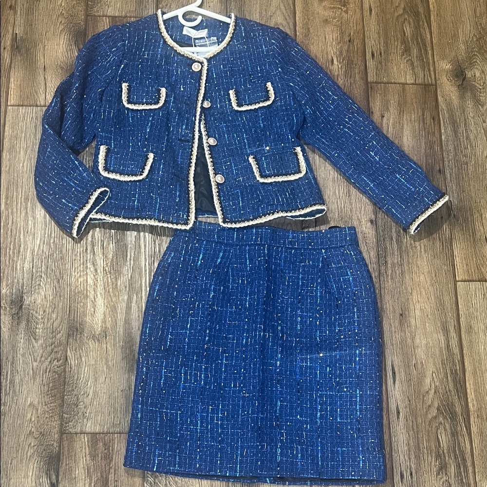 Source Unknown Blue Tweed Blazer and Skirt Set